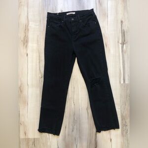 Levi's Black 724 High Rise Straight Leg Cropped Jeans with Distressed Hem, Knee